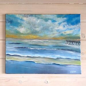 Original Acrylic Painting Abstract Seascape Sunrise Over Pier, 20" X 16" Canvas